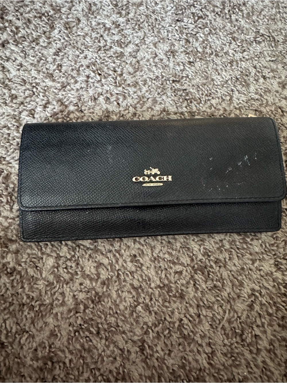 Coach Black Pebbled Leather Continental Wallet with Gold Logo Plaque